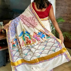 Hand-painted Patachitra Art inspired Kerala Cotton Saree -VS00219